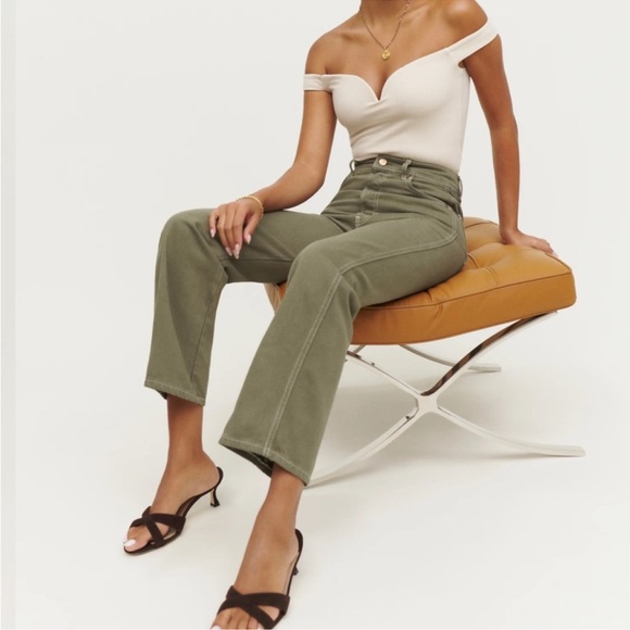Reformation Jeans Cowboy High Rise Straight Jeans in Kalamata Green Size 27